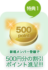 (特典１)新規メンバー登録で500円分の割引ポイント進呈!!!